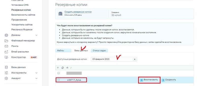 Восстановление баз данных на хостинге